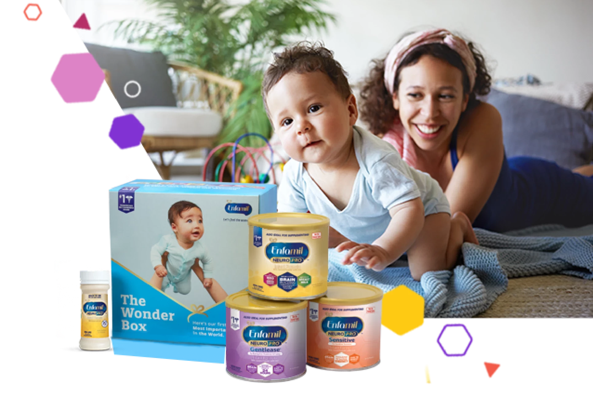 Mother Watching Baby Crawl With Enfamil Product Bundle